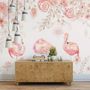 Papier peint panoramique flamants roses et fleurs roses