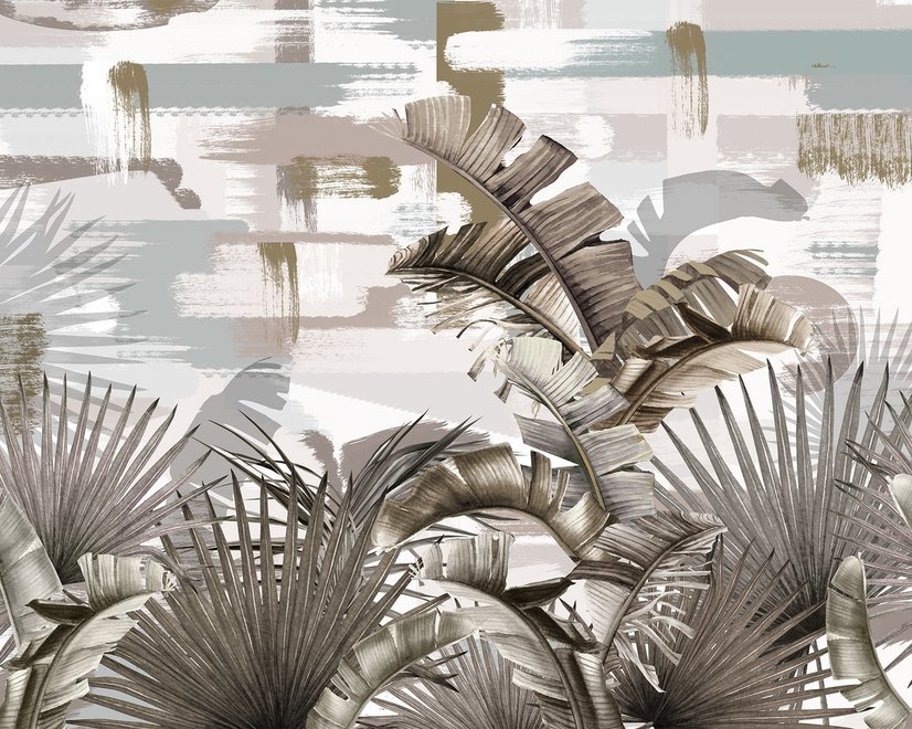 Papier peint panoramique avec peinture de feuilles tropicales et coups de pinceau