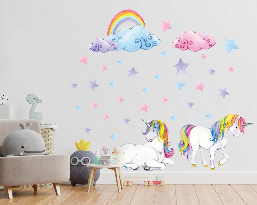 Mignonne licorne avec arc-en-ciel Stickers muraux