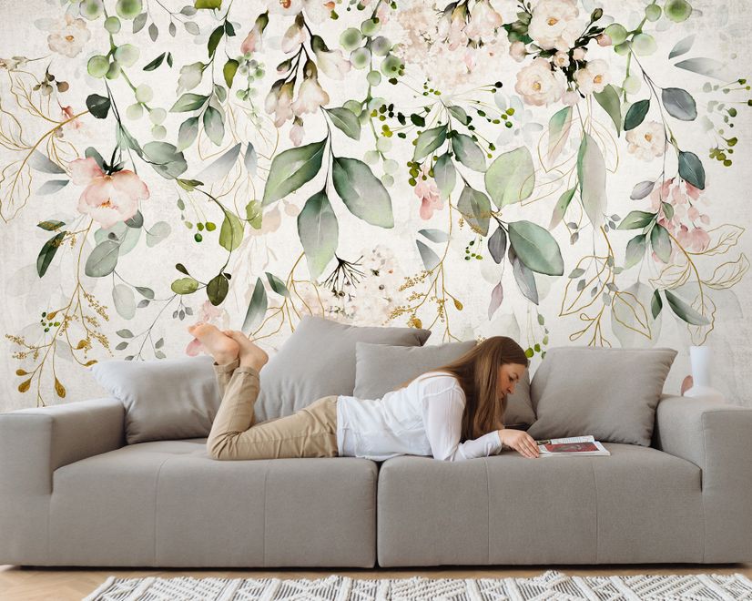 Watercolor Soft Floral with Green Leaves Wall Mural