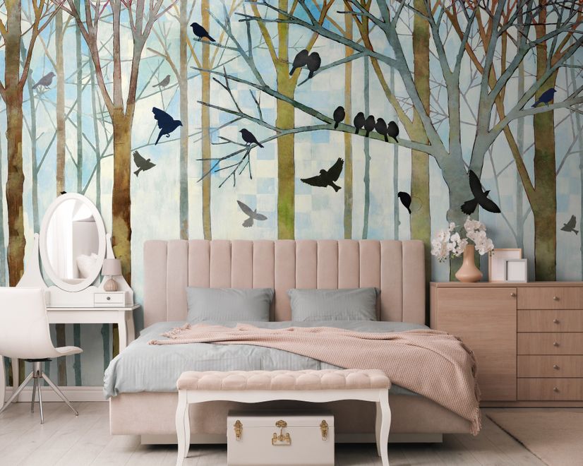 Vintage Abstract Forest and Black Bird Wallpaper Mural