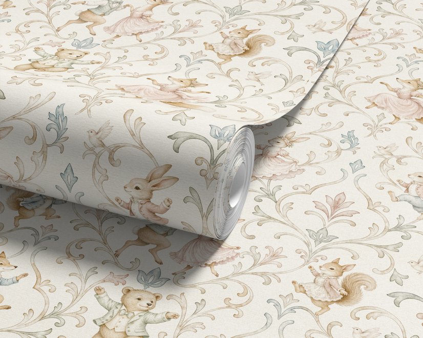 Cute rabbits wallpaper with woodland animals, white birds and acanthus scrolls on an ivory cream ground