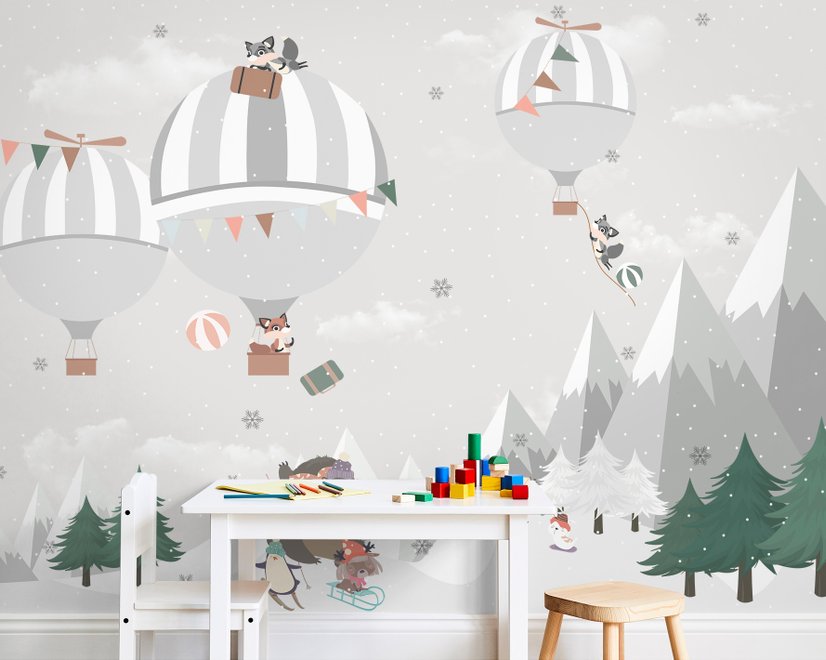 Papier peint panoramique animaux mignons faisant du patin sur la montagne enneigée avec montgolfière