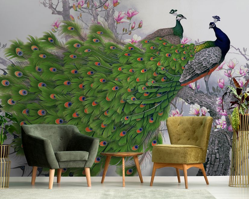 Elegante Pfau mit Kirschblüten Fototapete