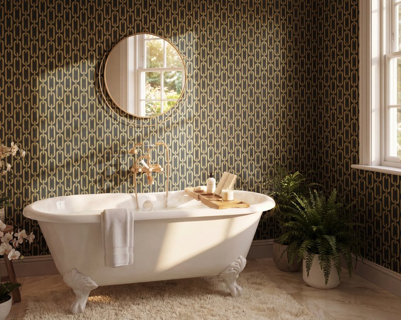 Black wallpaper with gold vertical chain link Art Deco repeat on a textured charcoal ground