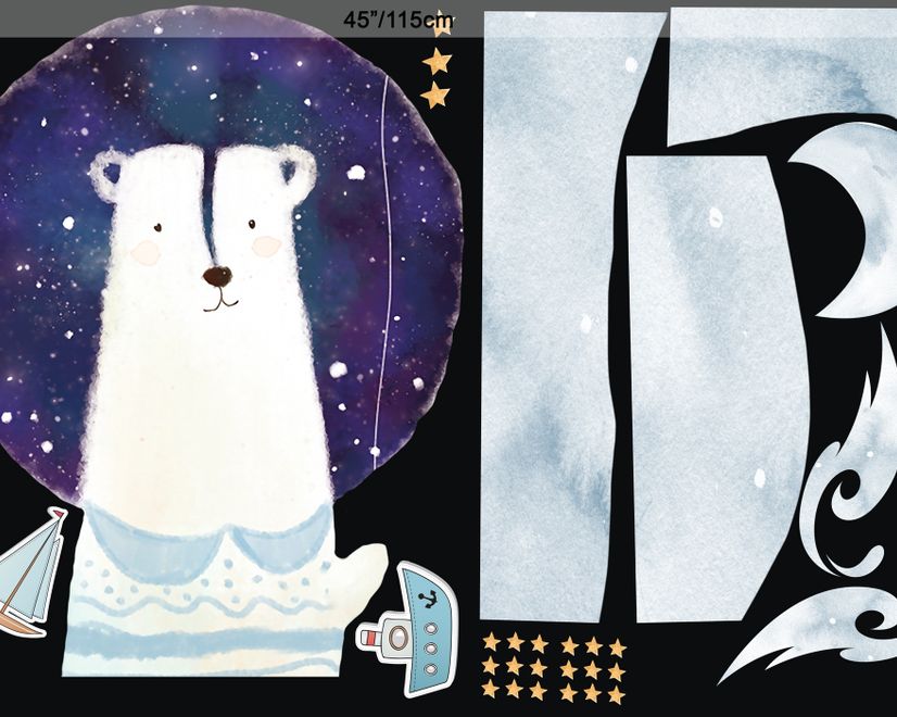 Kids Cute White Bear with Watercolor Moon and Yellow Stars Wall Decal Sticker