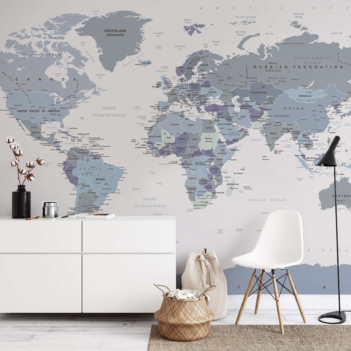 White and Purple Political World Map Wallpaper Mural - Peel and Stick