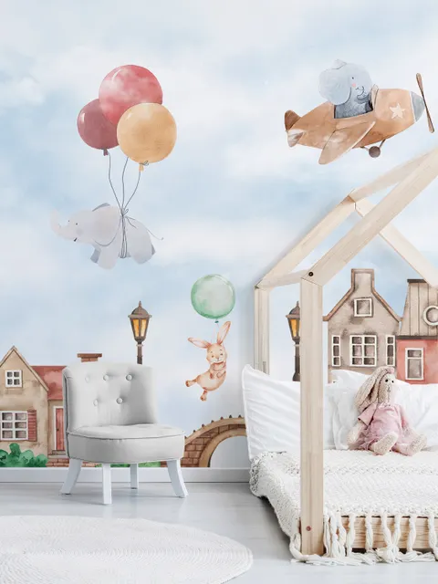Watercolor Cute Houses with Flying Animals Wallpaper Mural for Kids