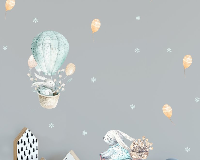Kids Cartoon Rabbit with Balloons and Snowflake Wall Decal Sticker