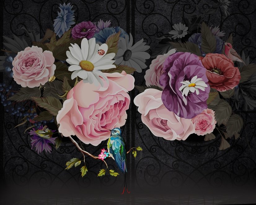 Papier peint panoramique floral foncé avec pivoines colorées