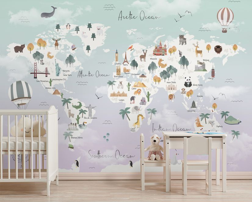 Papier peint carte monde rose animaux mignons ballons enfants