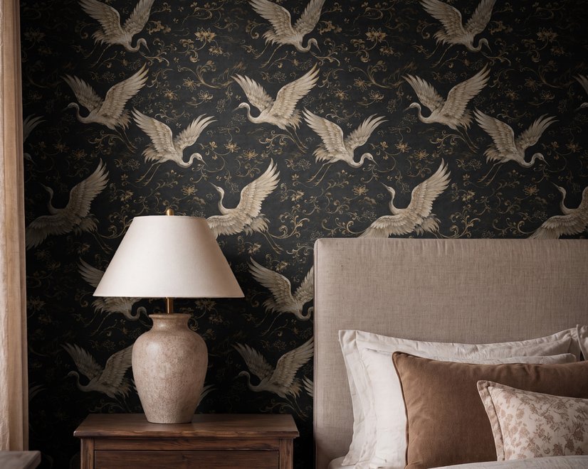 Ivory cranes and antique gold lotus flowers on charcoal-black Japanese lotus wallpaper