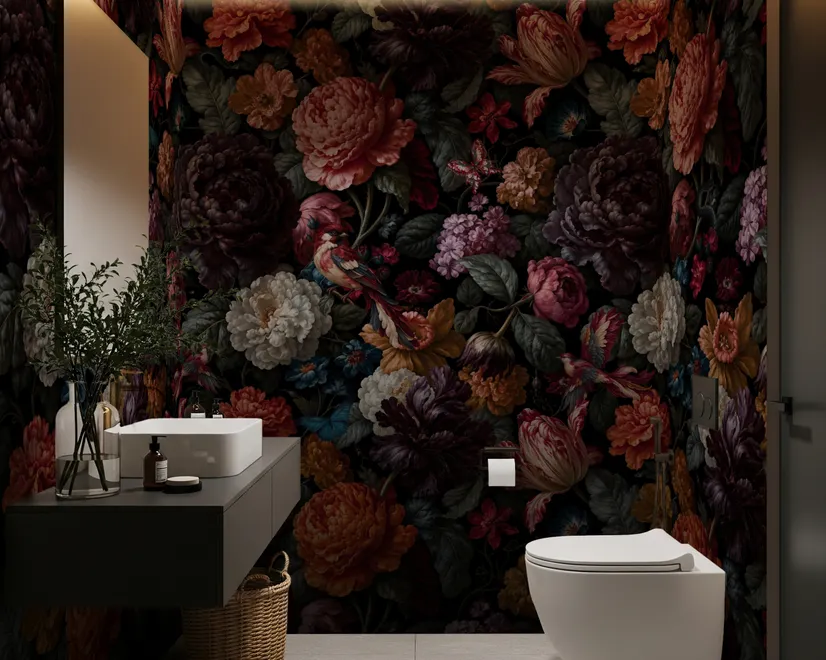 Vintage peony wallpaper mural with plum, blush and ivory flowers, dark foliage and small hummingbirds