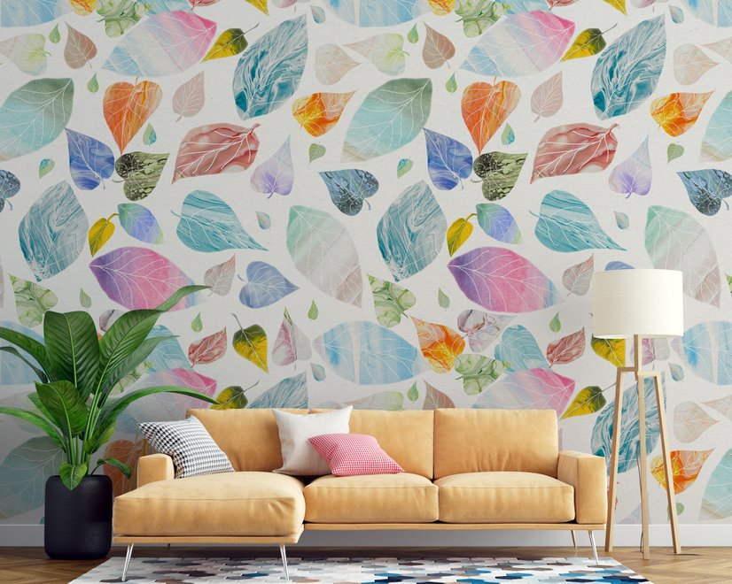 Papier peint panoramique à motifs de feuilles colorées