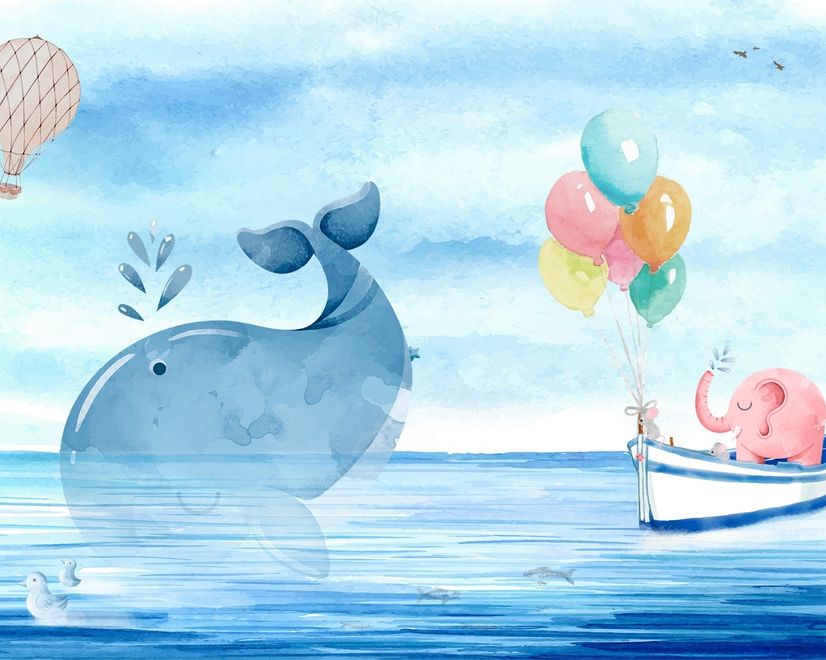 Papier peint panoramique mer cartoon avec éléphant rose et baleines