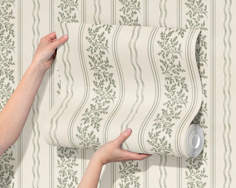 Green aesthetic wallpaper with sage leafy sprigs, fine vertical rules and dotted borders on cream ivory