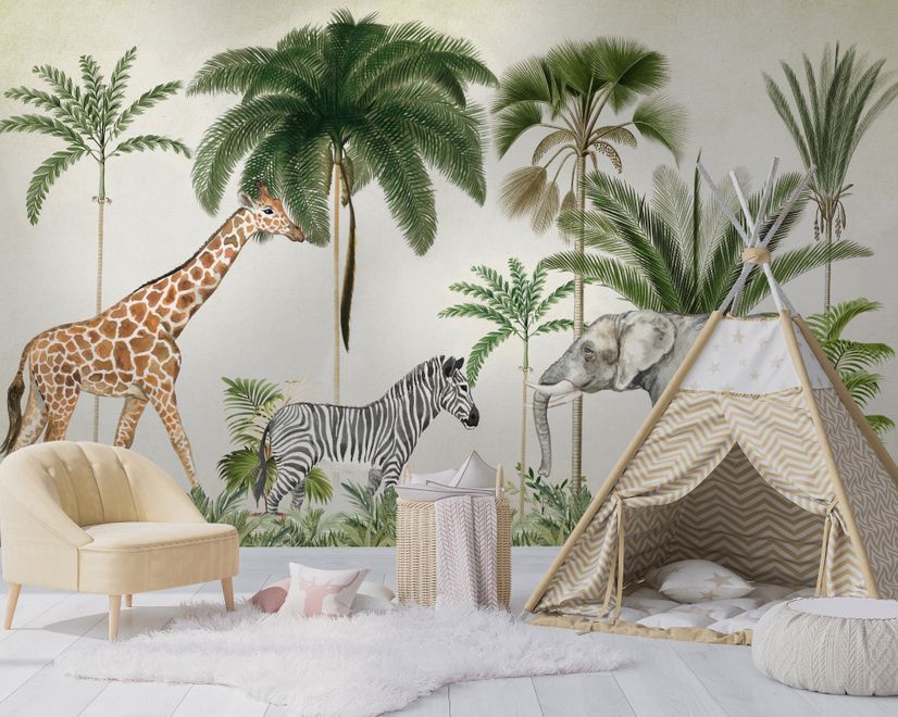 Fototapete Kinder Wilde Tropische Tiere mit Palmen