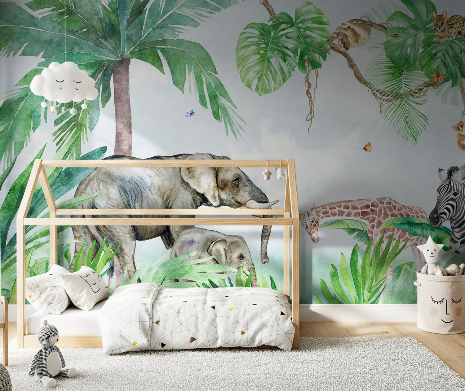 Kids Tropical Forest with Cute Safari Animals Wallpaper Mural - Peel and Stick