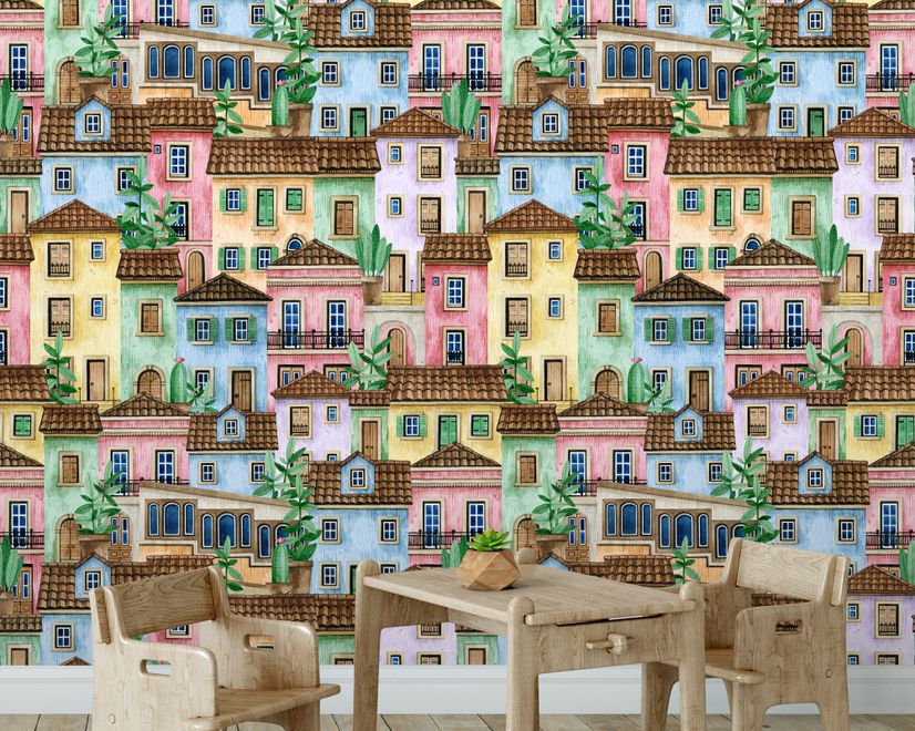 Kids Watercolor Medieval House with Plants Wallpaper Mural