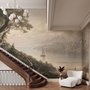 Landscape wallpaper mural with sepia coastal mountains, sailboat, beach figure and foreground tree