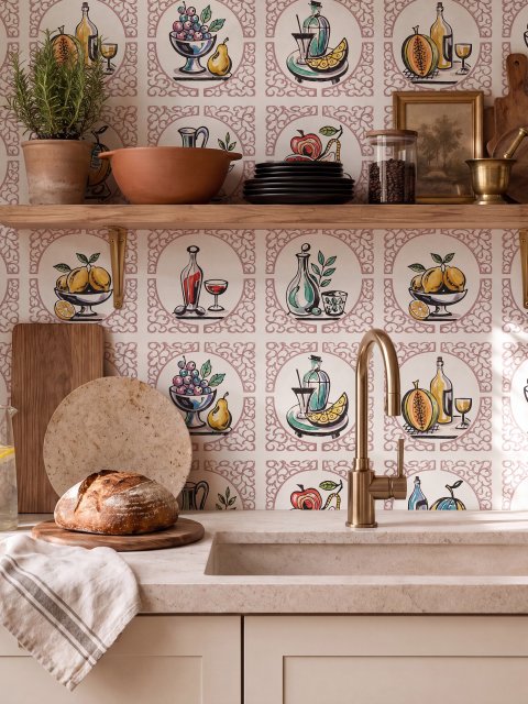 Bar wallpaper with cream tile grid, dusty rose arches, illustrated wine bottles, fruit and café still lifes