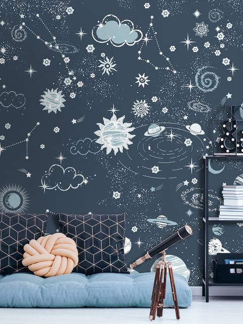 Dunkler Weltraum Sternenhimmel mit blauen Planeten Fototapete