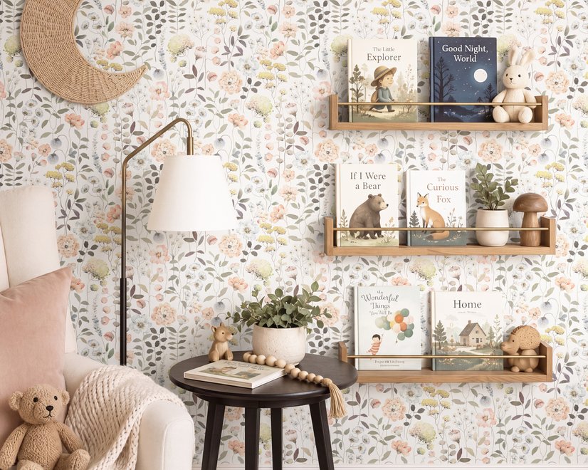 Watercolour wildflower wallpaper with pastel flowers and sage leaves on a white ground