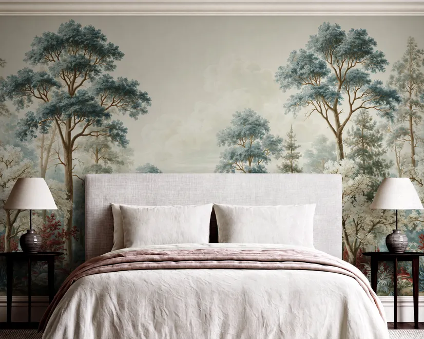 Vintage forest wallpaper mural with blue-grey trees, ivory blossom, red plants and toadstools around a misty path