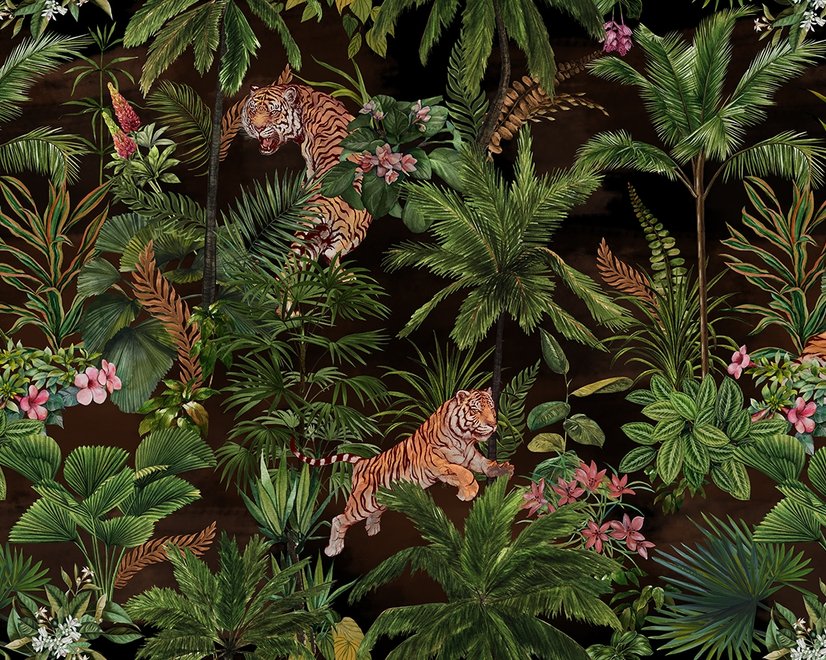 Papier peint arbres tropicaux sombres avec léopards