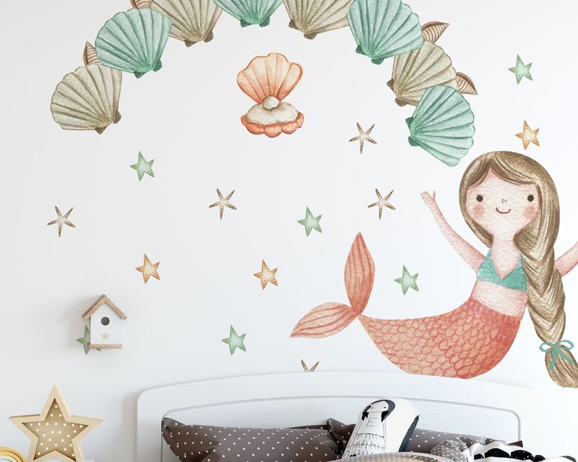 Kids Mermaid Girls with Pearl Oyster Wall Decal Sticker