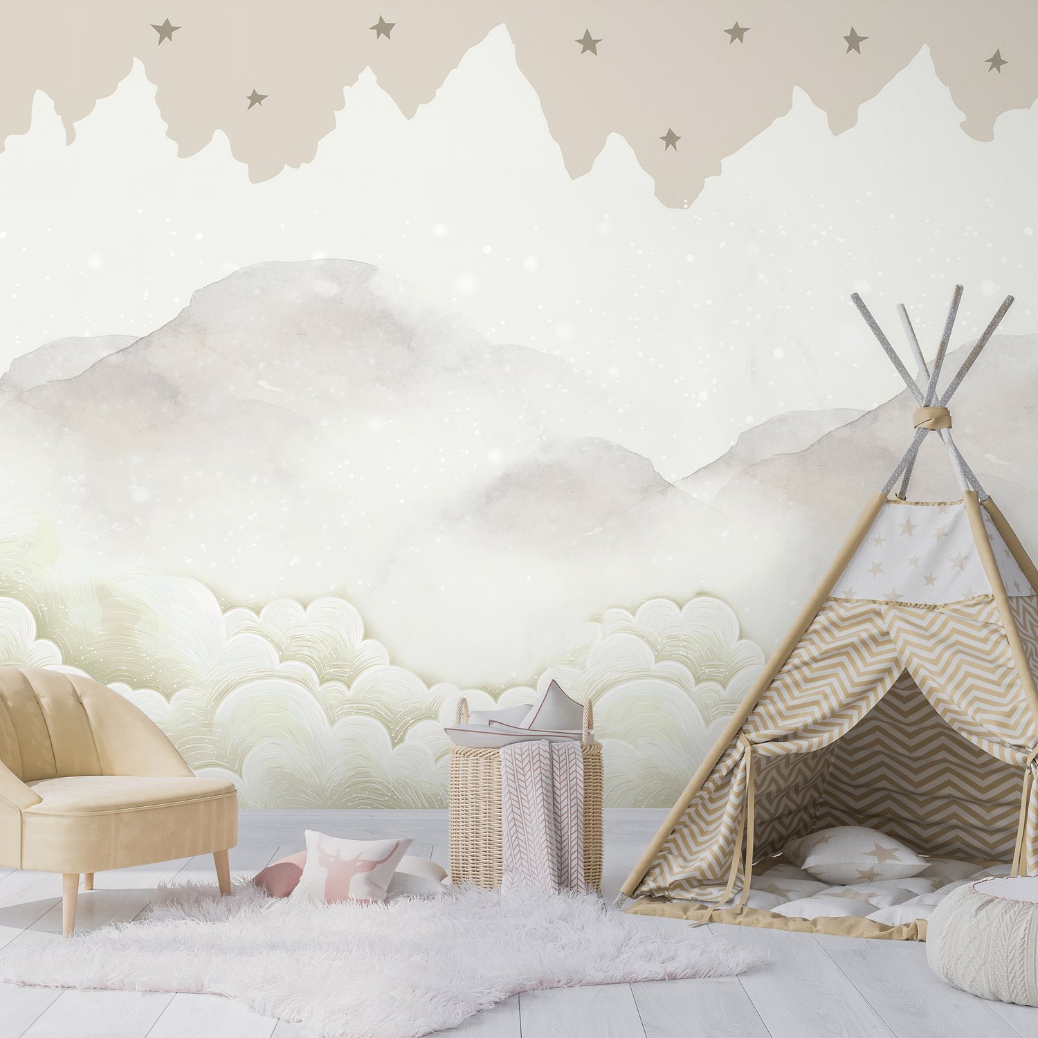 Kids Mountain with Clouds Wallpaper Mural - Peel and Stick