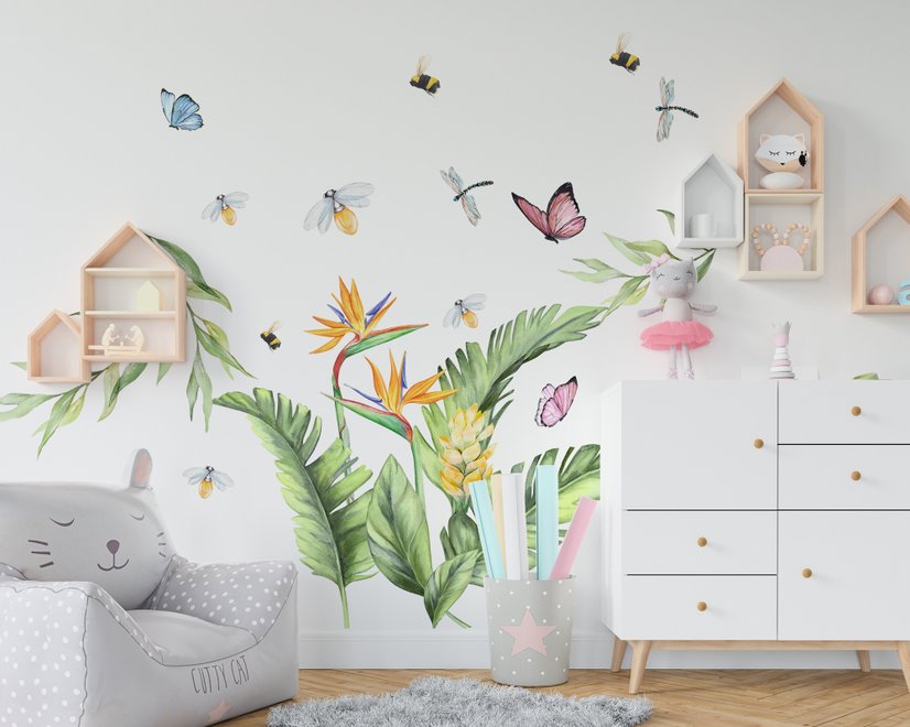 Cute Tropical Leaves and Flowers Wall Decal Sticker