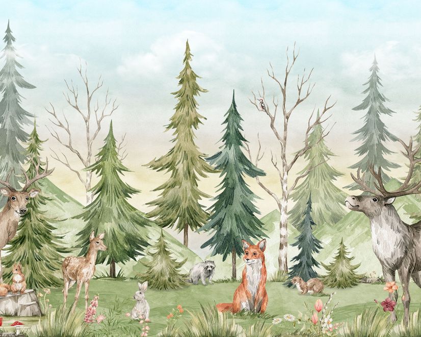 Kinder Aquarell Kiefernwald mit Tieren Fototapete