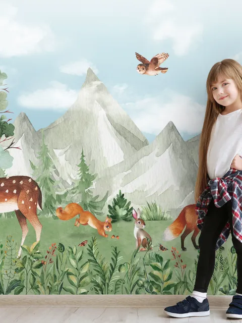 Cute Forest Animals with Kids Mountain Landscape Wallpaper Mural