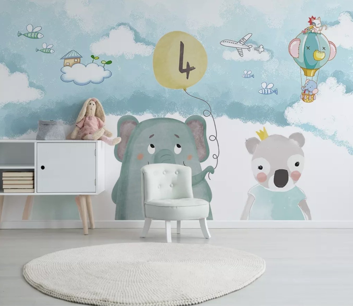Cute Cartoon Animals with a Balloon Wallpaper Mural - Peel and Stick