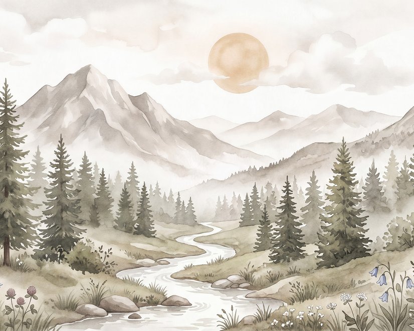 Papier Peint Panoramique Scène de Montagne et Forêt de Pins Neutre pour Chambre d'Enfant