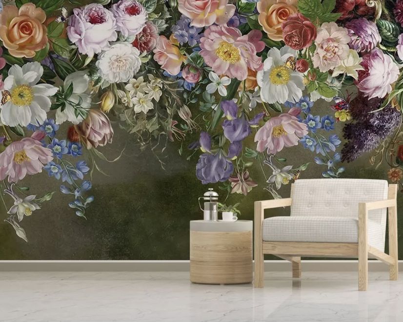 Vintage Colorful Vine Flowers Wallpaper Mural