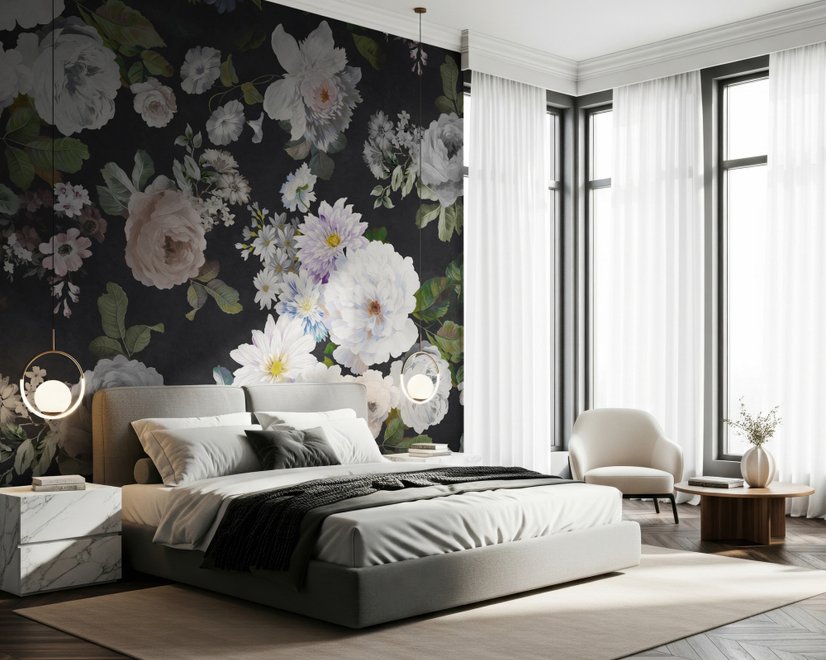 Dunkle Blumen und Weiße Pfingstrosen Fototapete