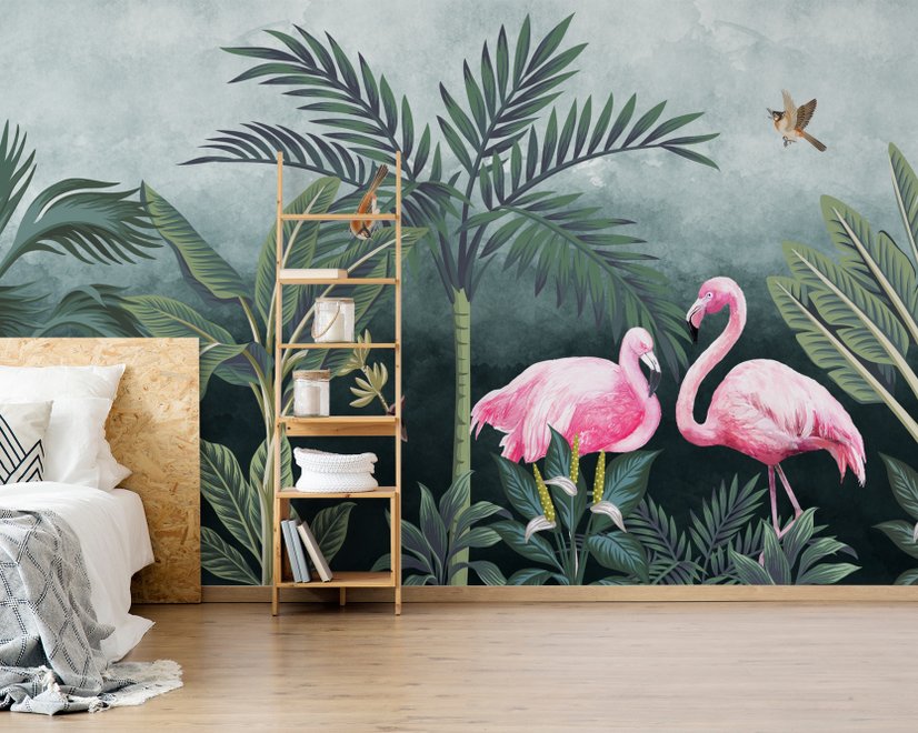 Pink Flamingo mit Vintage-Wald Fototapete