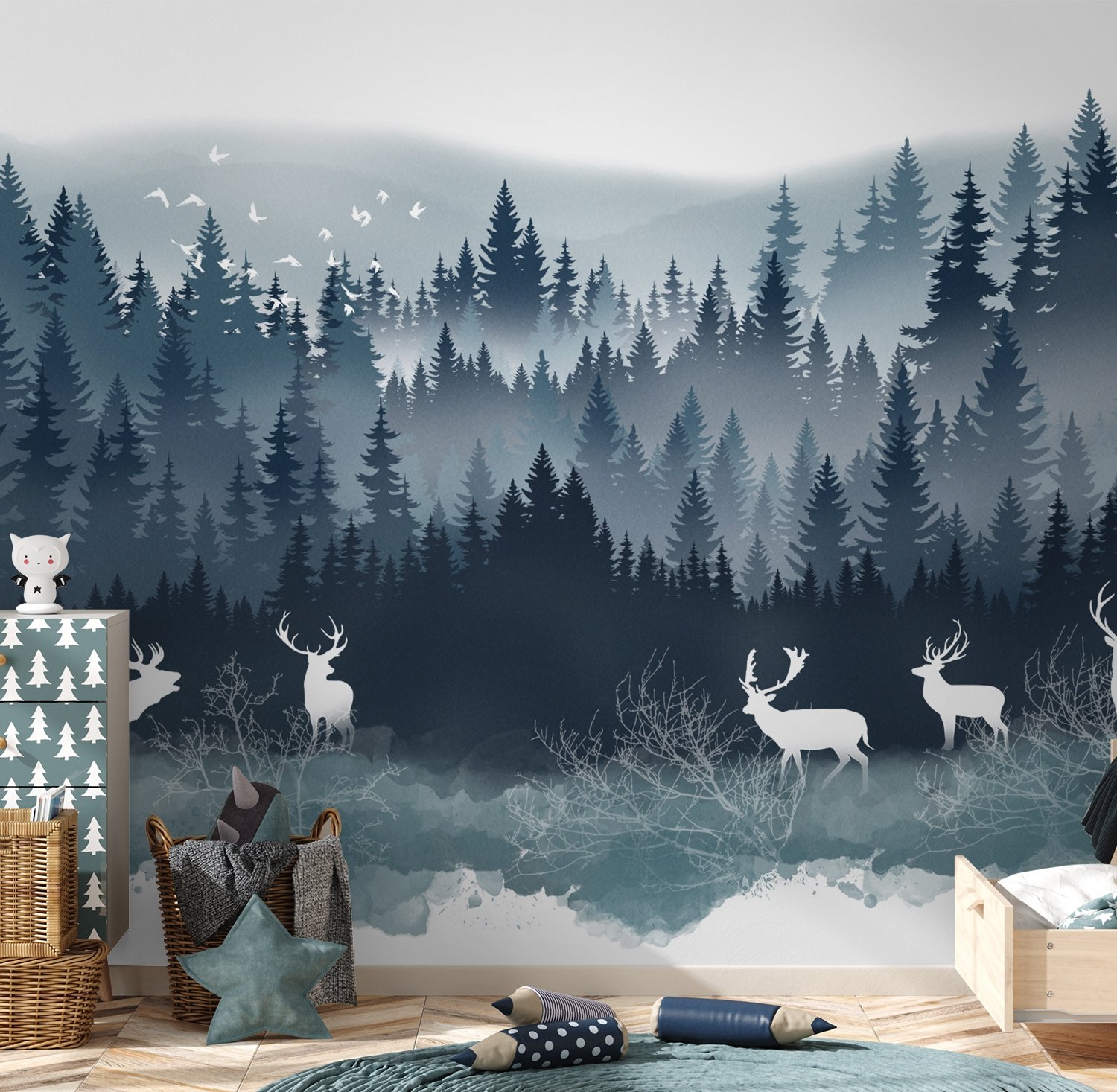 Misty Forest Landscape and Horned Deer Wallpaper Mural - Peel and Stick