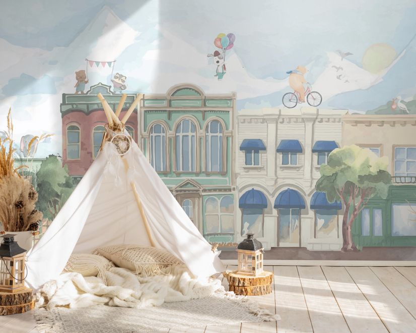 Kids Village Drawing with Cartoon Animals Wallpaper Mural