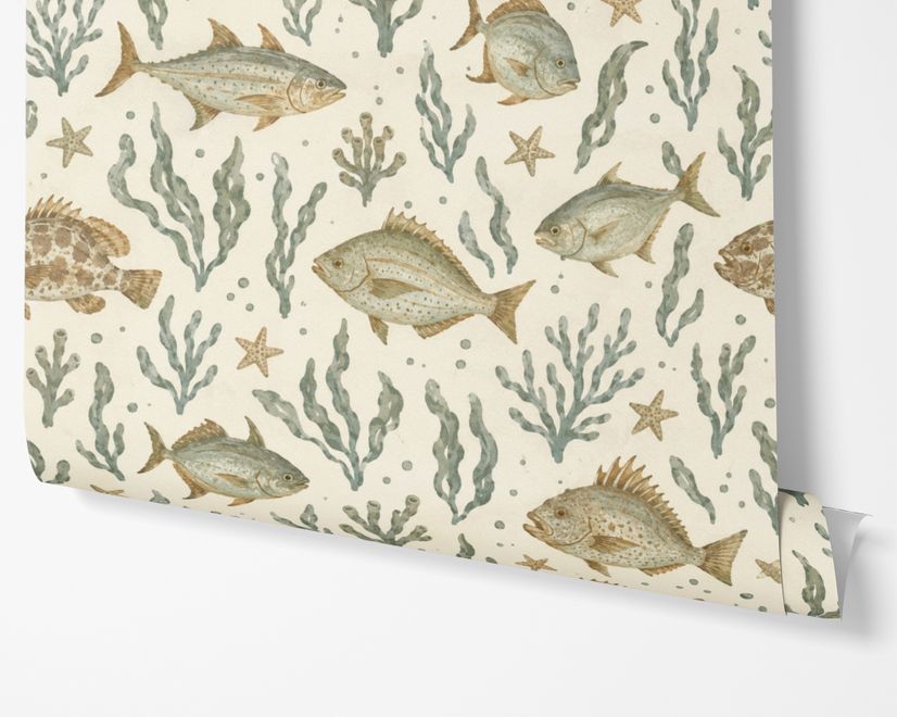 Watercolour fish wallpaper with sage seaweed, coral and starfish on a warm cream background