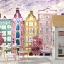 Papier peint panoramique maisons colorées arbres rouges style hollandais enfants