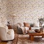Cute spring wallpaper with pressed ivory, pink, blue and yellow wildflowers on a white ground
