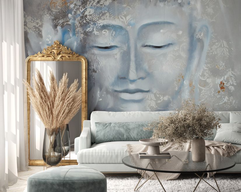 Vintage Buddha mit Lotus Blumen Fototapete