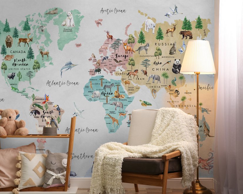 Kids Watercolor World Map Wallpaper Mural