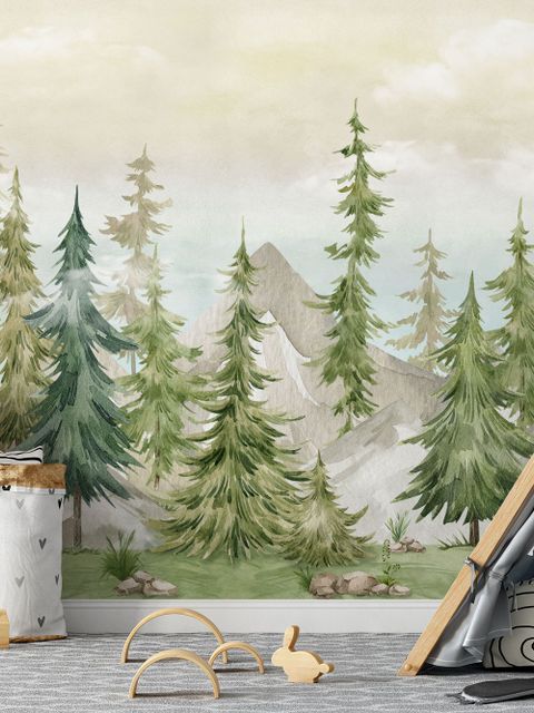 Papier peint panoramique de la forêt de l'aquarelle du pin pour la chambre d'enfant
