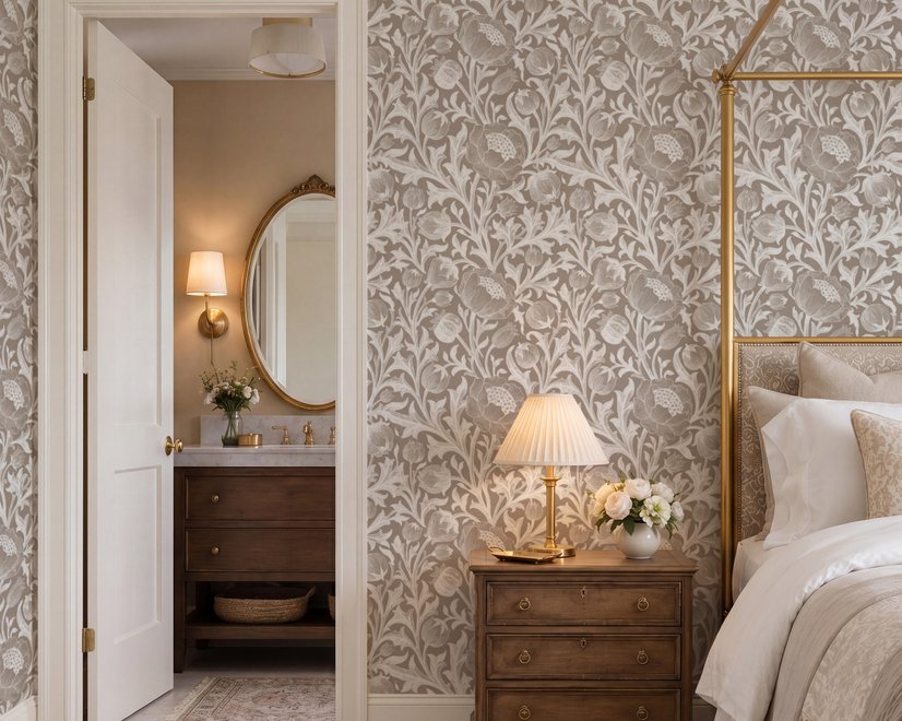 Greige botanical wallpaper with white watercolour flowers, buds, seed heads and acanthus leaves