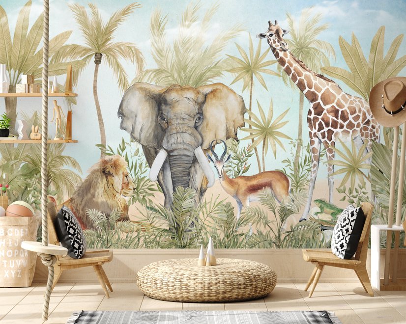 Aquarell-Safari-Tiere im Wald Fototapete
