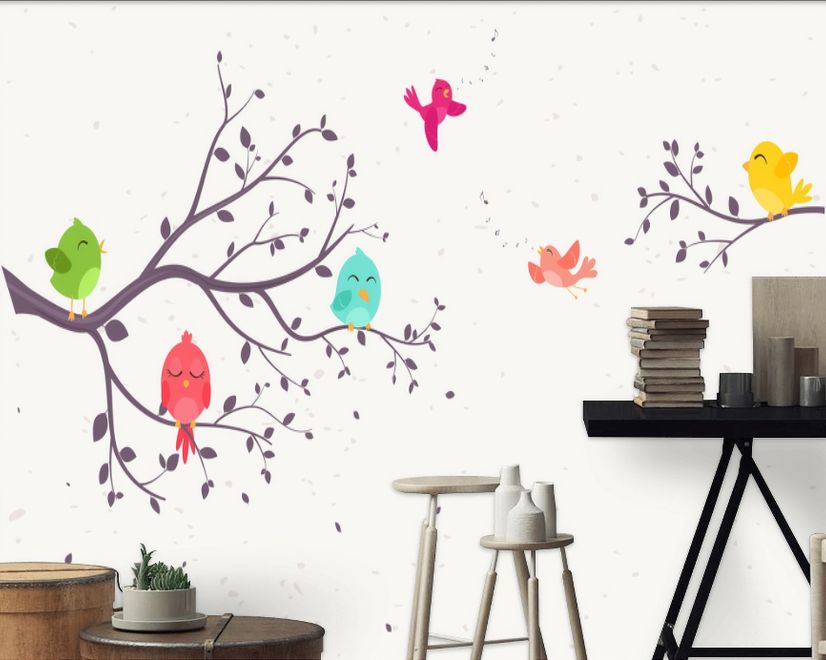 Kids Cartoon Tree with Colorful Singing Birds Wallpaper Mural